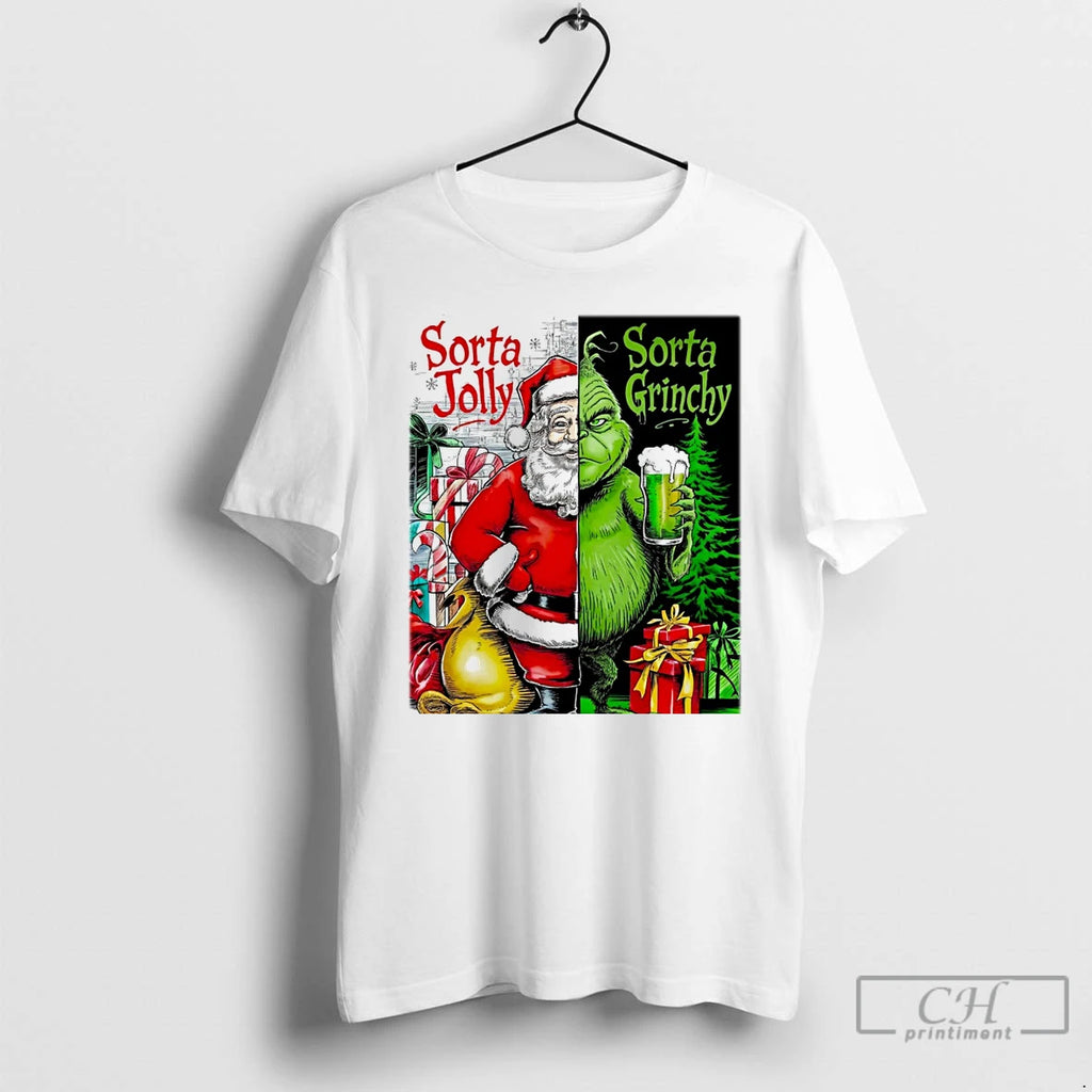 Classic Santa Claus X Grinch Sorta Jolly Sorta Grinch Christmas White T Shirts