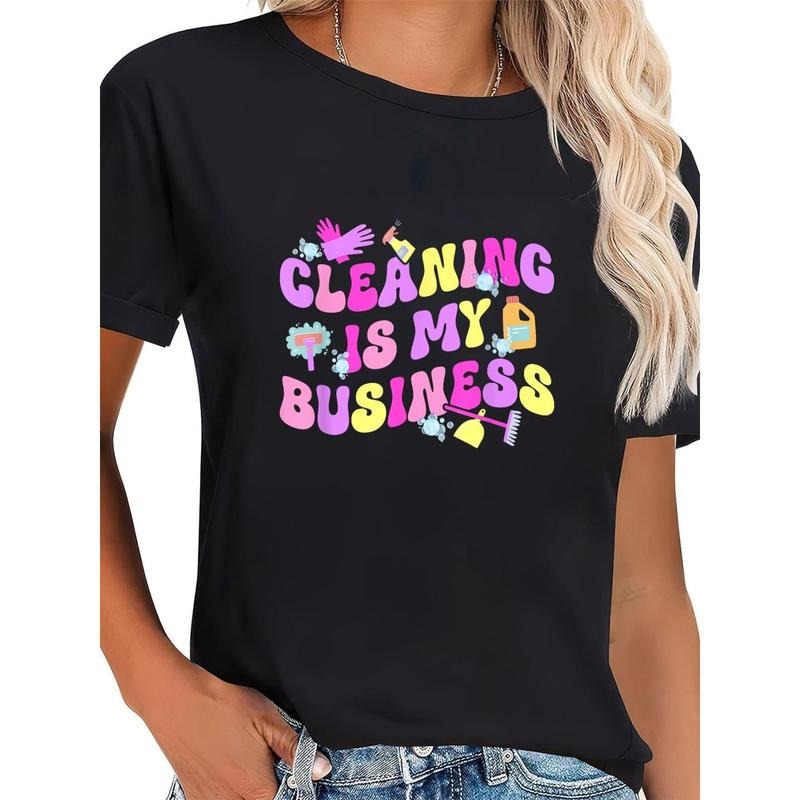 "Cleaning Is My Business" Graphic T-Shirt - Women's Casual Short Sleeve Round Neck Tee with Colorful Cleaning Tools Print, Machine Washable Black Top for Housekeeping Week Apparel & Casual Attire, Durable Fabric Shirt
