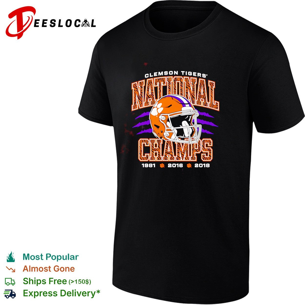 Clemson Tigers national champs football helmet years 1981 2016 2018 shirt