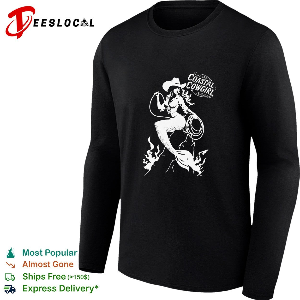 Coastal Cowgirl mermaid wearing cowboy hat holding lasso western pinup badge shirt
