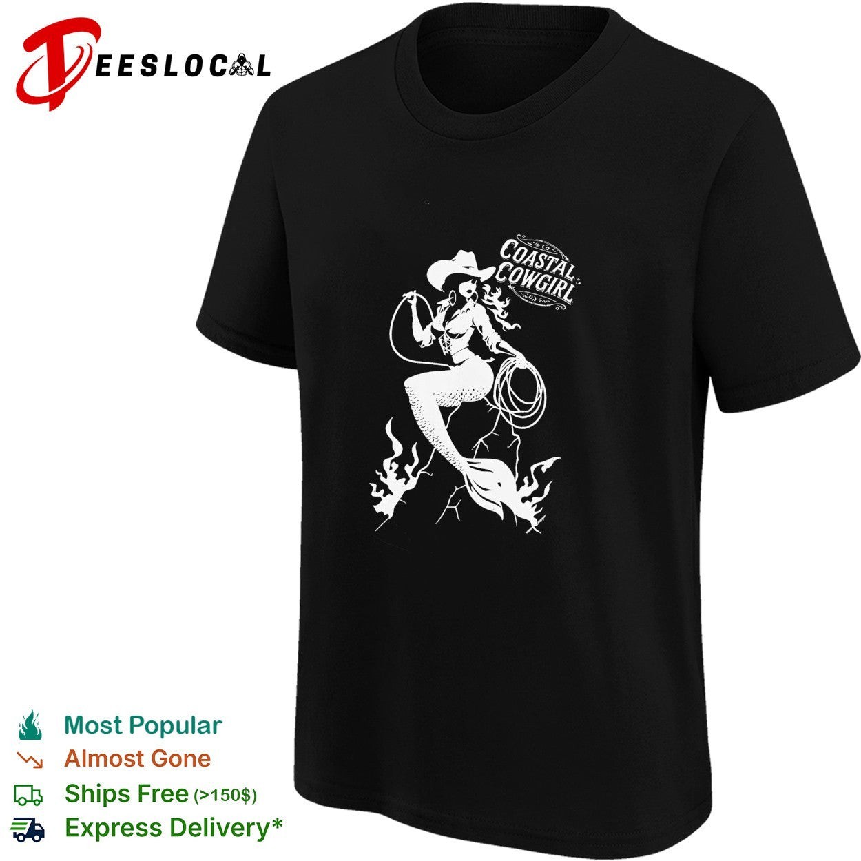 Coastal Cowgirl mermaid wearing cowboy hat holding lasso western pinup badge shirt