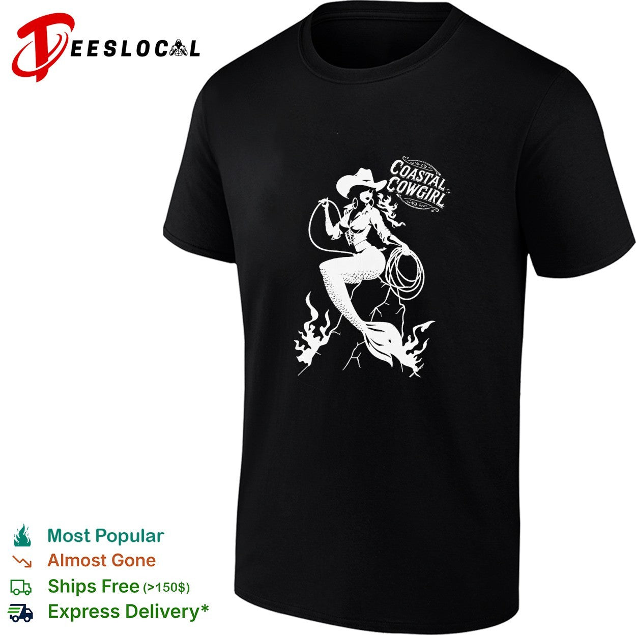 Coastal Cowgirl mermaid wearing cowboy hat holding lasso western pinup badge shirt