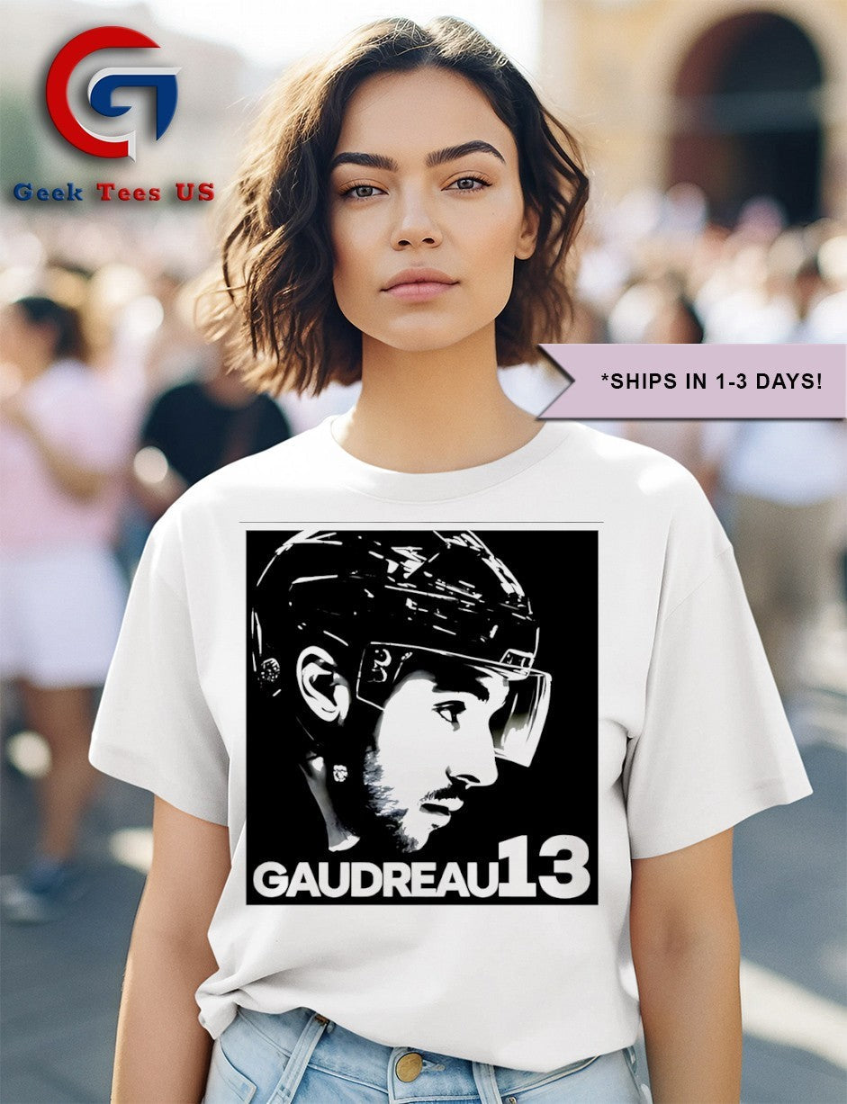 Cole Sillinger Walking The Blue Carpet wearing a Johnny Gaudreau 13 shirt