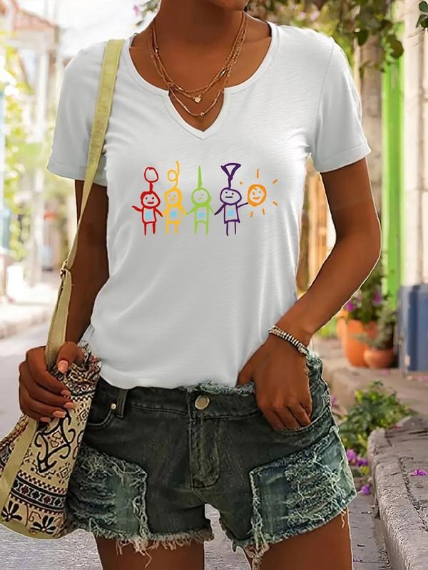 Colorful Minimalist Sun and Character Print T-Shirt for Women, Casual Short Sleeve V-Neck Summer Top, Trendy Women's Fashion