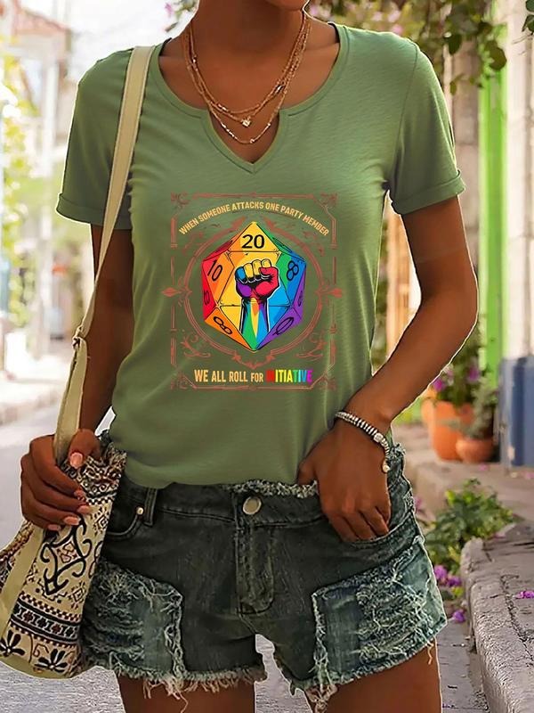 Colorful Twenty-Sided Dice and Fist Design T-Shirt, When Someone Attacks One Party Member We All Roll for Initiative Print, Casual Fitted Summer V-Neck Top for Women