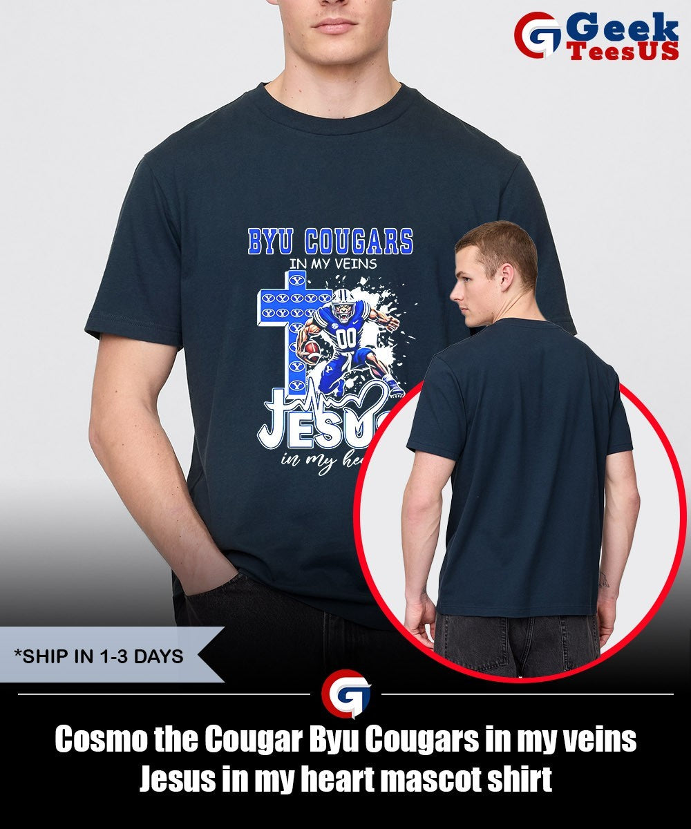 Cosmo the Cougar Byu Cougars in my veins Jesus in my heart mascot T-shirt
