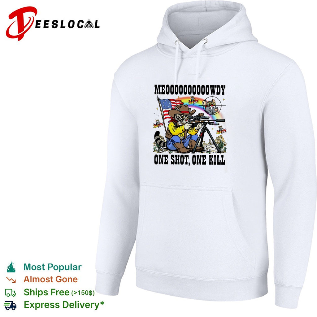 Cowboy cat aiming sniper rifle at mouse pilots meowdy one shot one kill parody shirt