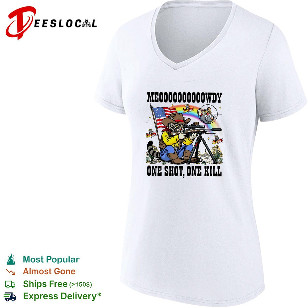 Cowboy cat aiming sniper rifle at mouse pilots meowdy one shot one kill parody shirt
