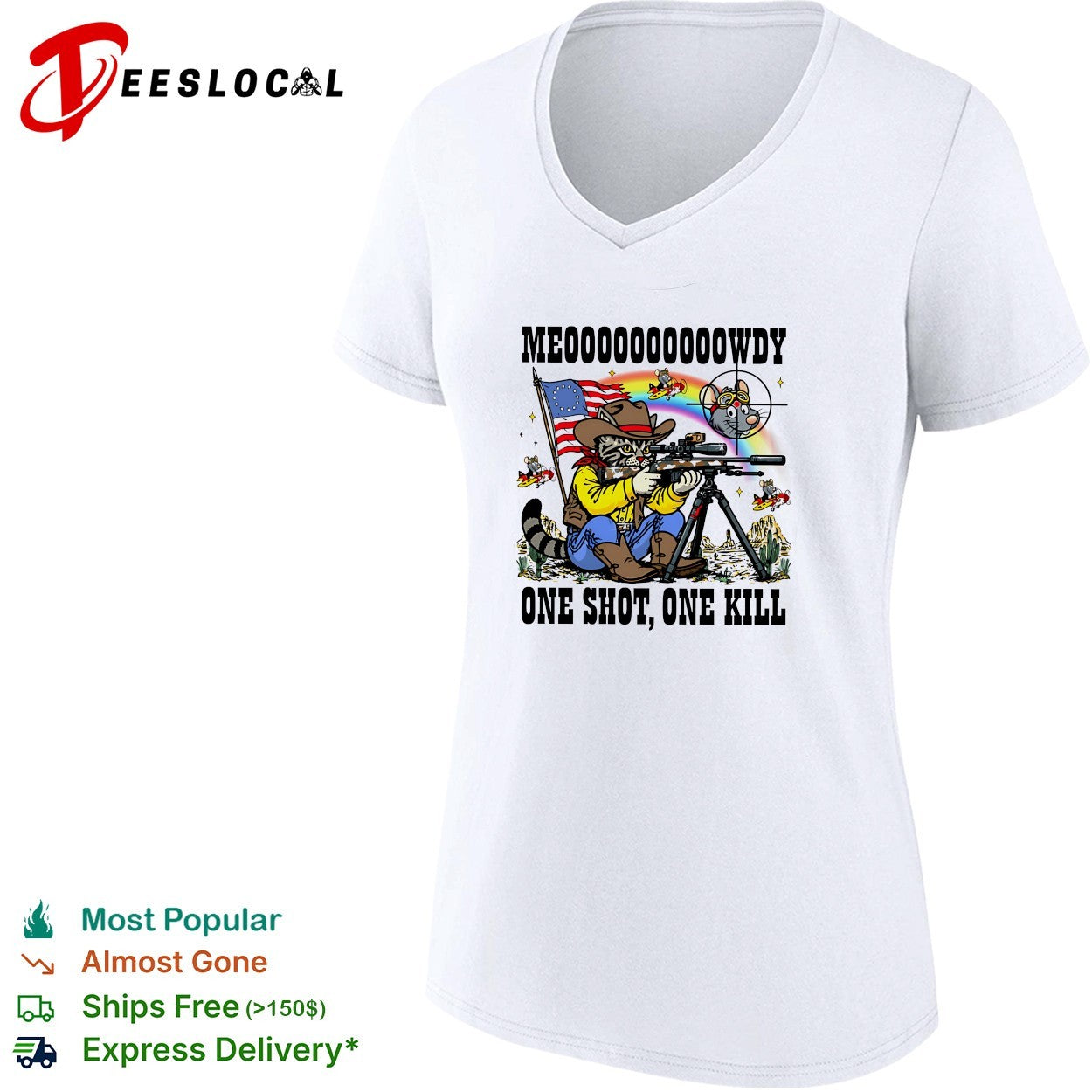 Cowboy cat aiming sniper rifle at mouse pilots meowdy one shot one kill parody shirt