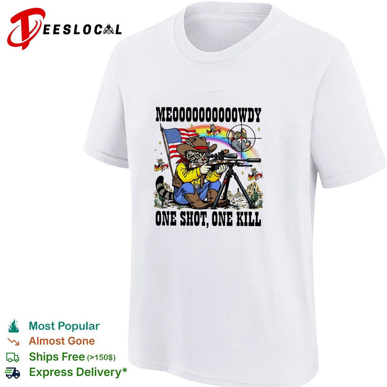 Cowboy cat aiming sniper rifle at mouse pilots meowdy one shot one kill parody shirt