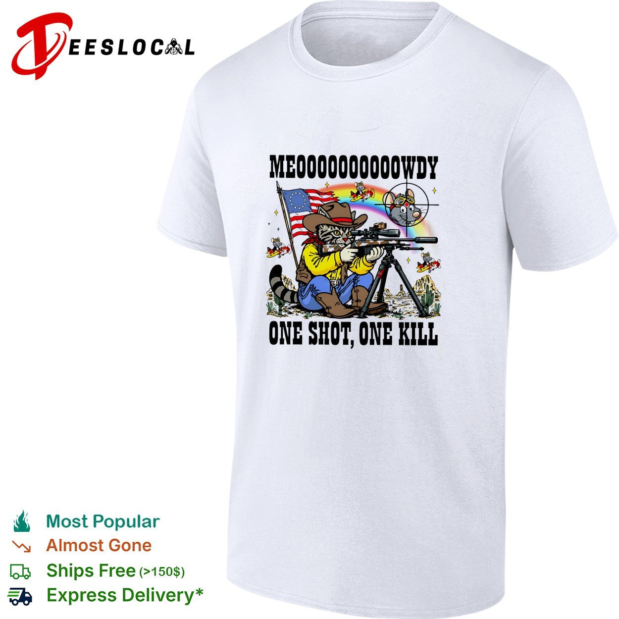 Cowboy cat aiming sniper rifle at mouse pilots meowdy one shot one kill parody shirt