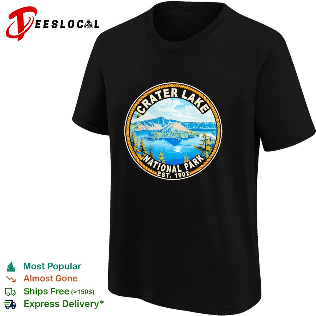 Crater Lake National Park badge with mountains and pine trees est 1902 shirt