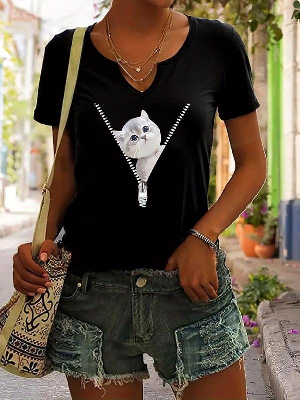 Creative Zipper Cat Pattern Printed T-Shirt, Trendy Casual Women's Short Sleeve V-Neck Top for Summer, Stylish Ladies Apparel
