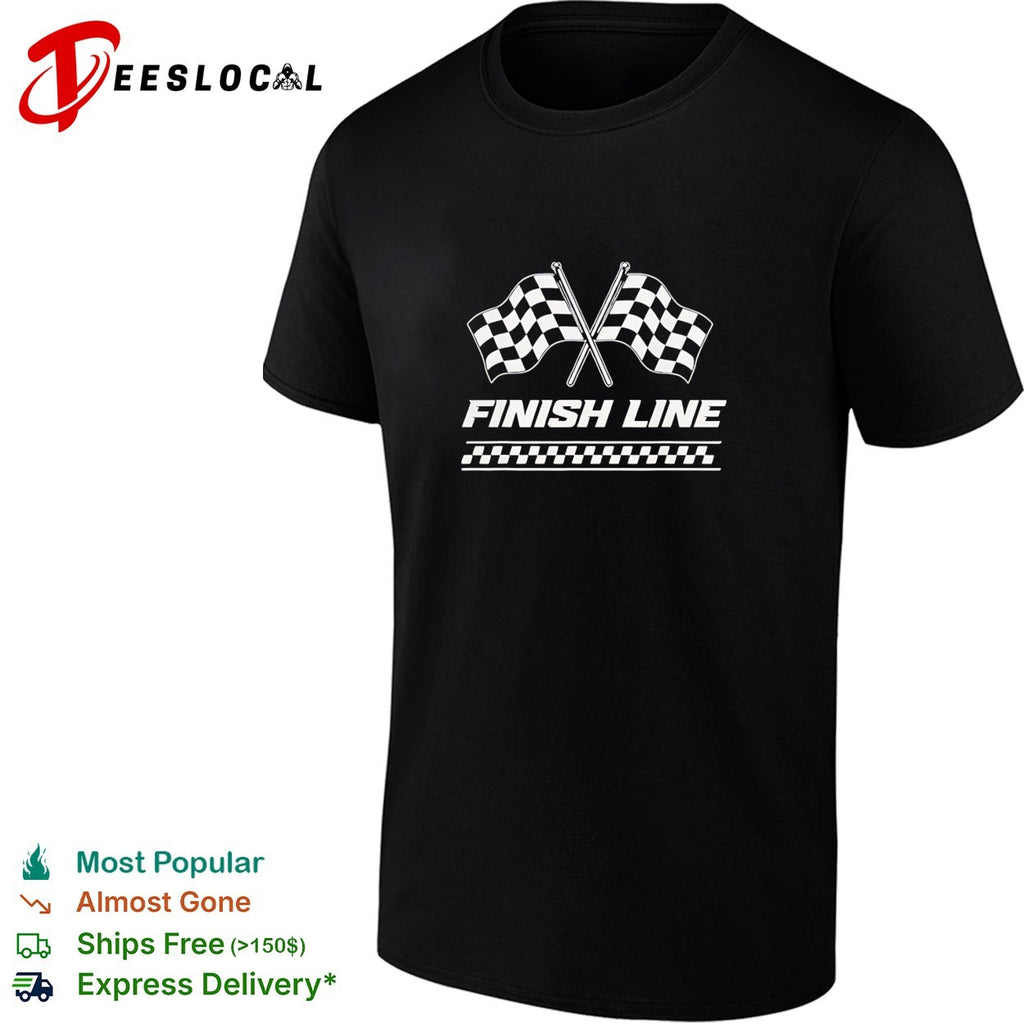 Crossed checkered racing flags crossing above bold finish line banner shirt