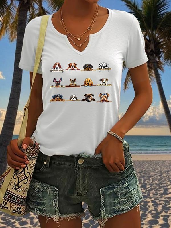 Cute Dog Print V Neck Short Sleeve T-Shirt, Trendy Women's Casual Summer Top, Fitted Style, Moderate Fabric Thickness, No Organic Textile
