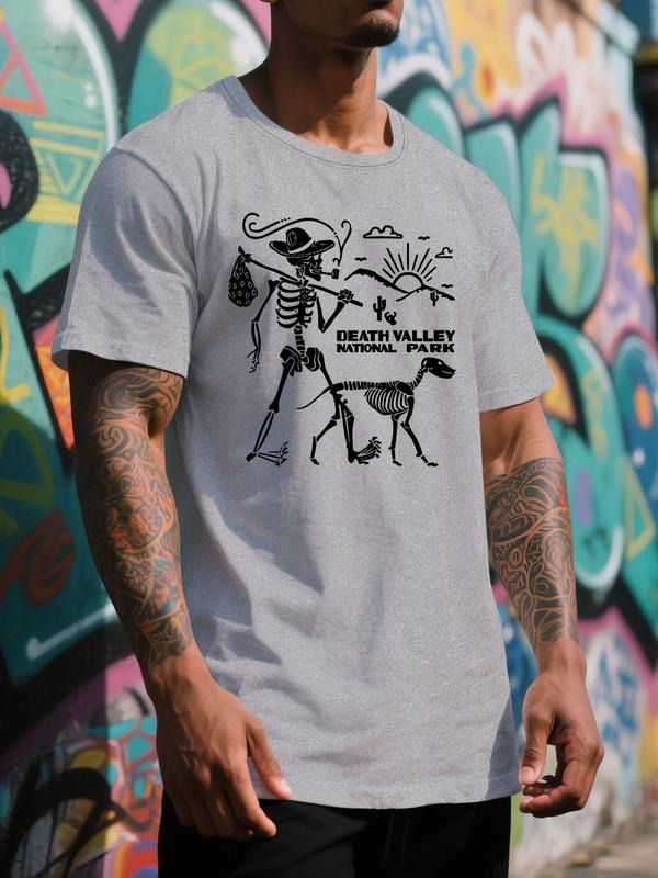 "Death Valley National Park" Monogram Skull Puppy Graphic Print T-Shirt with Summer Comfortable and Breathable Trend Print Men's Short Sleeves