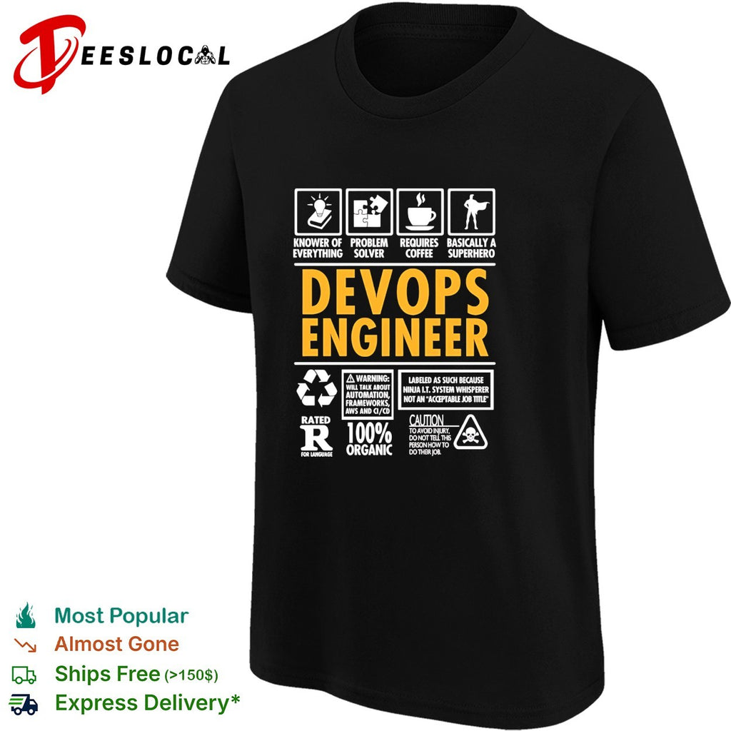 DevOps engineer humorous infographic icons knower of everything superhero shirt