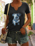 Dog Pattern Print T-Shirt for Women, Casual Short Sleeve V Neck Summer Top, Trendy Denim Patchwork Design