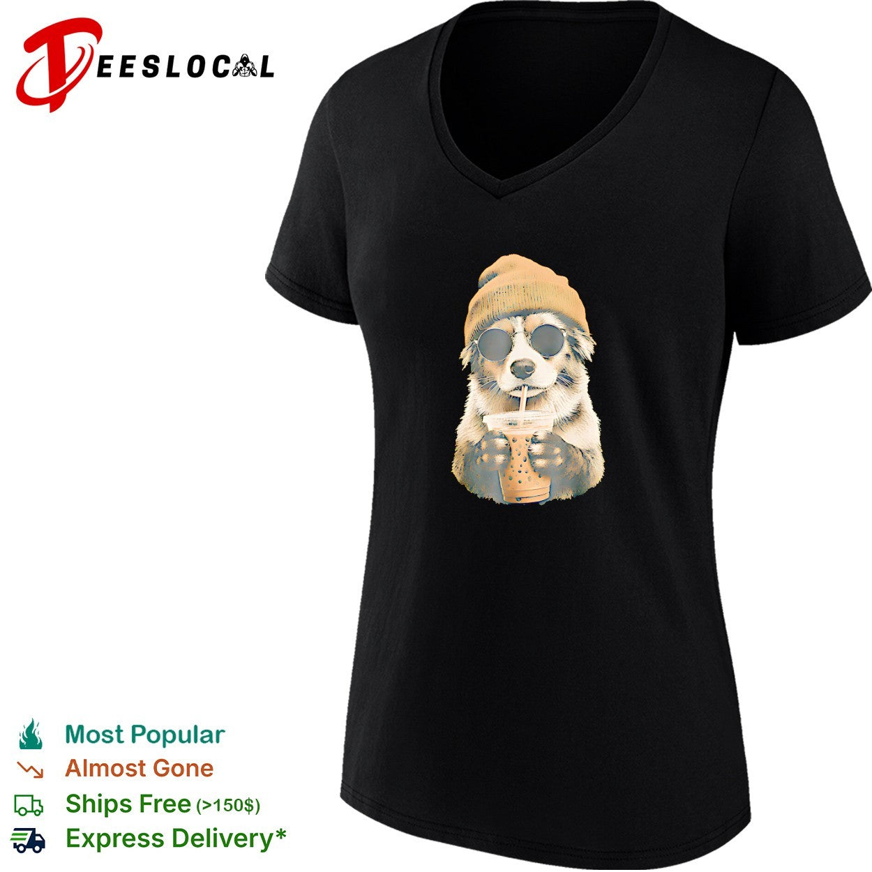 Dog wearing beanie and sunglasses drinking iced boba tea with straw cool shirt