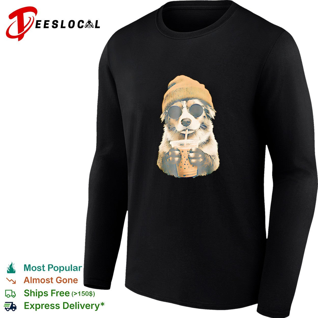 Dog wearing beanie and sunglasses drinking iced boba tea with straw cool shirt