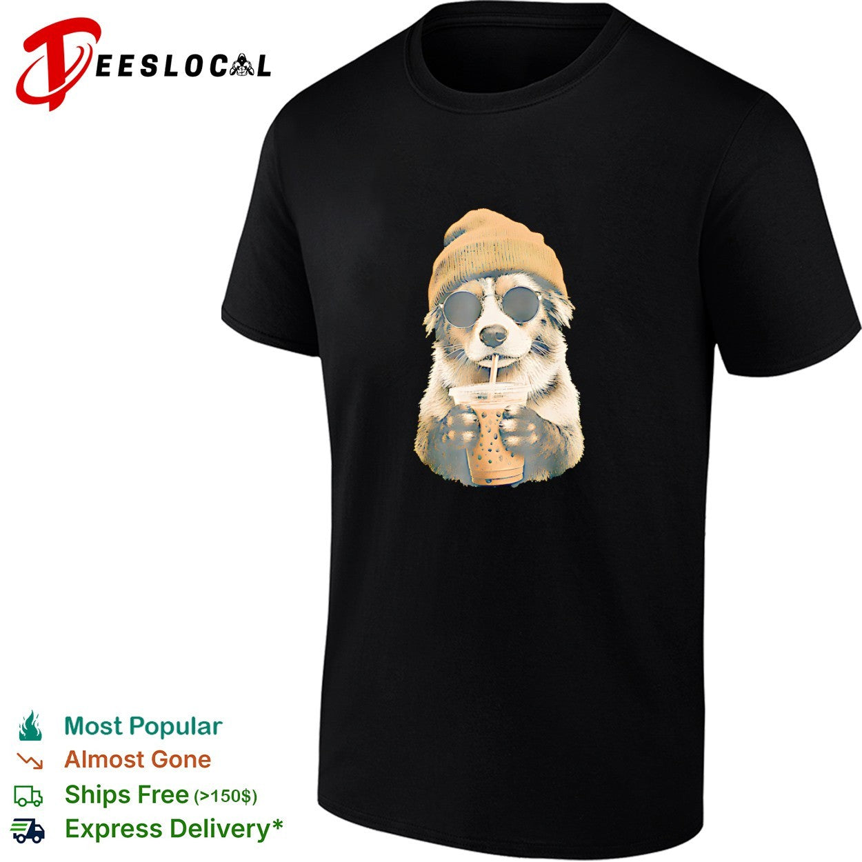 Dog wearing beanie and sunglasses drinking iced boba tea with straw cool shirt