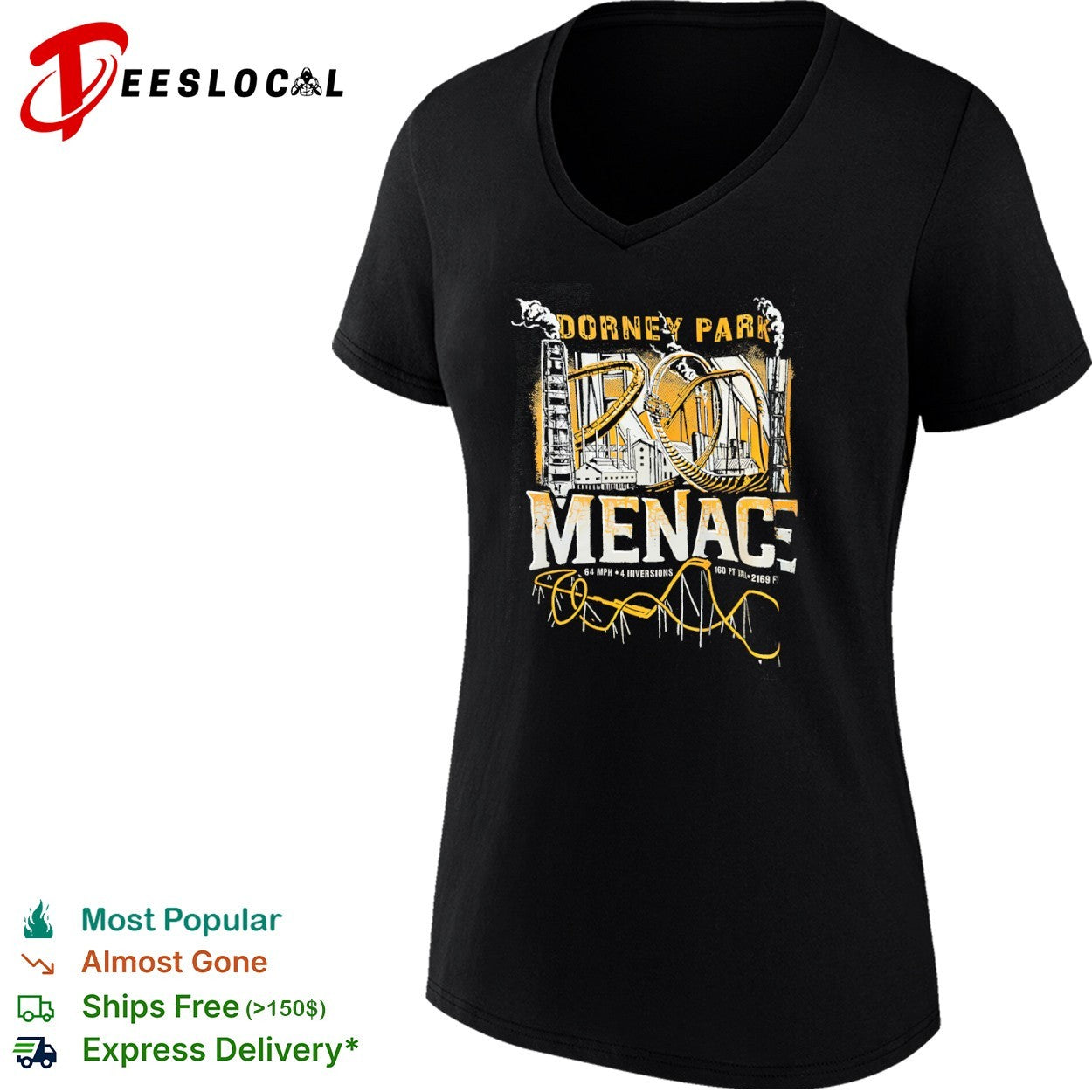 Dorney Park Iron Menace 64 mph 4 inversions 160 ft tall 2169 ft shirt