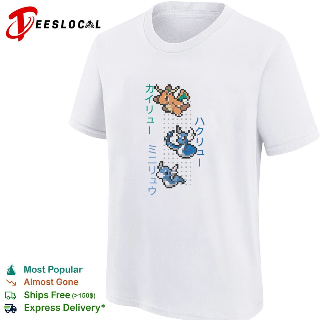 Dratini Dragonair and Dragonite pixel art evolution line with Japanese names shirt