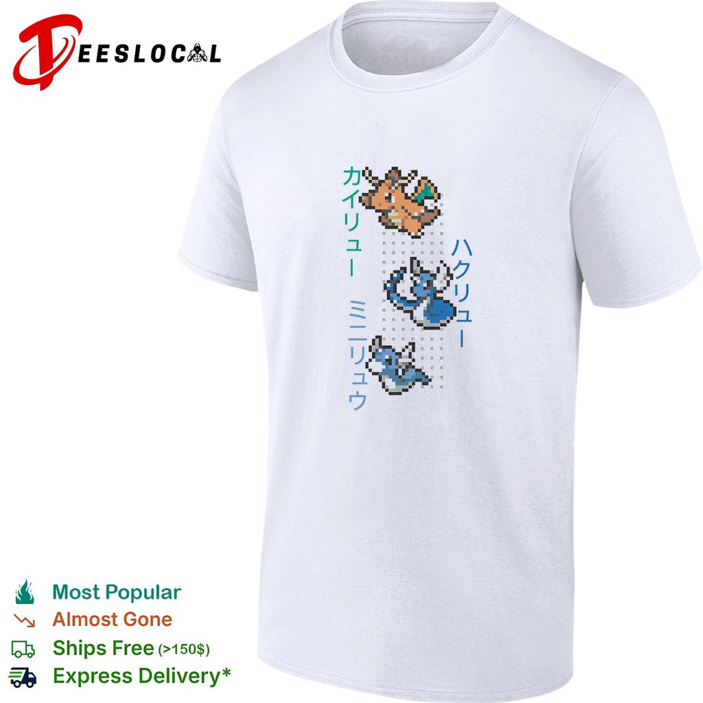 Dratini Dragonair and Dragonite pixel art evolution line with Japanese names shirt