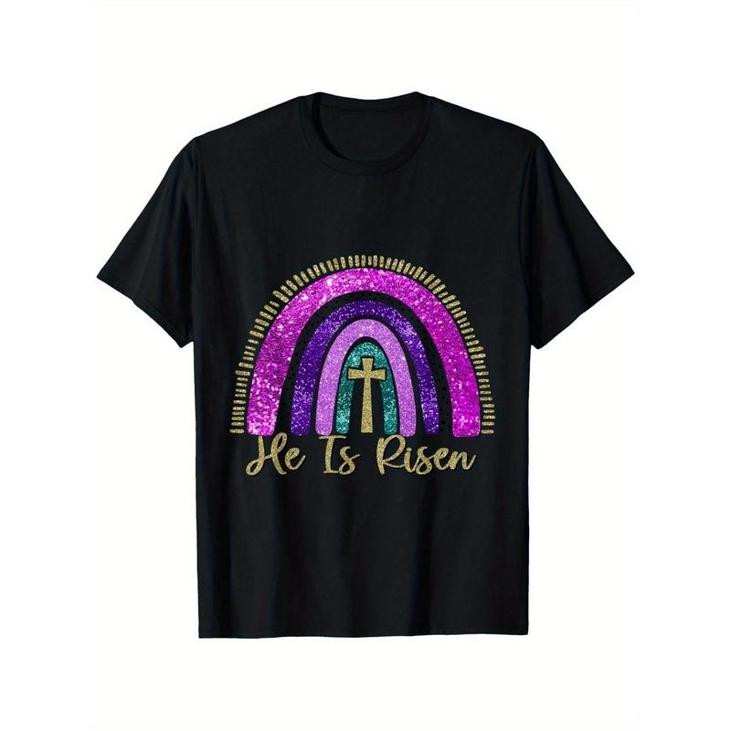 Easter Jesus T-Shirt for Kids - Cotton Crew Neck with Slight Stretch, Casual All-Season Top with "He Is Risen" Rainbow Print, Regular Fit Short Sleeve Tee for Children - Trendy & Comfortable