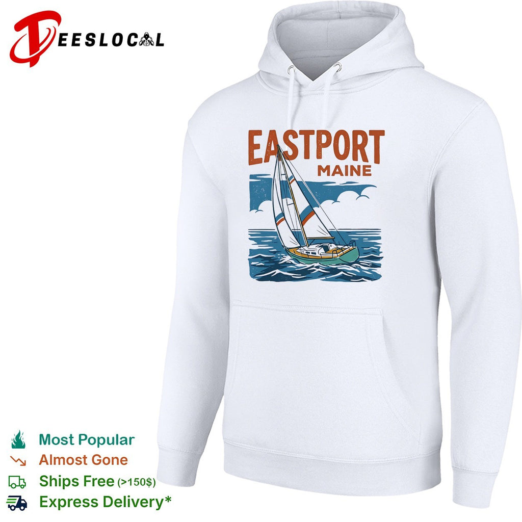 Eastport Maine sailboat sailing across ocean waves with clouds overhead shirt