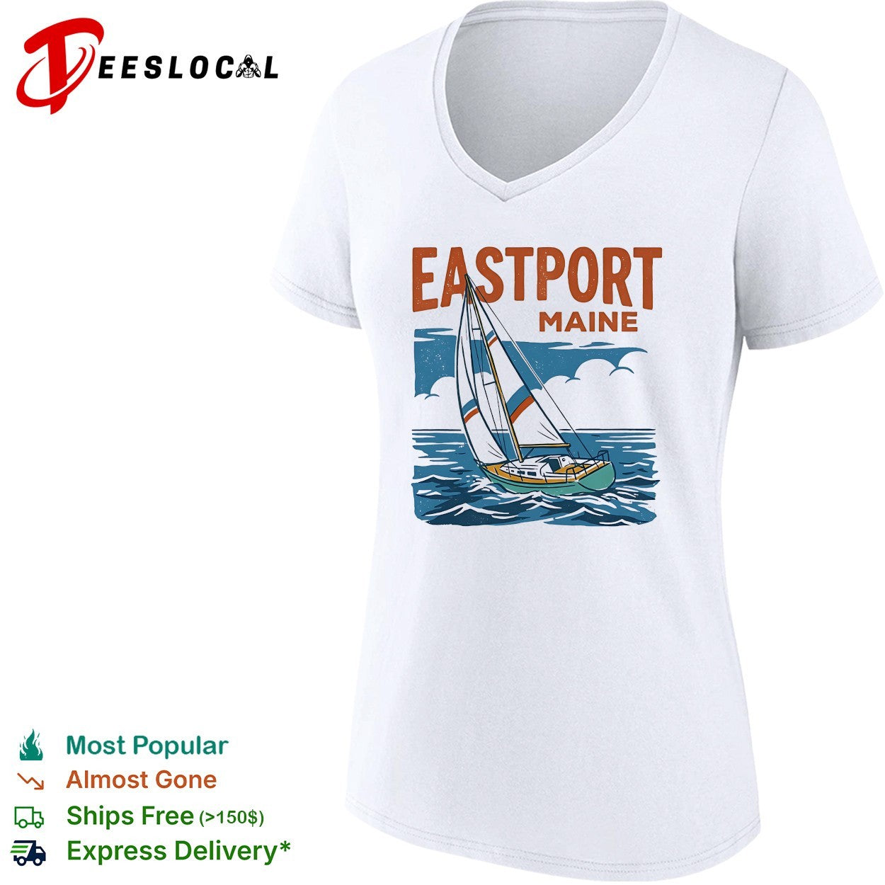 Eastport Maine sailboat sailing across ocean waves with clouds overhead shirt