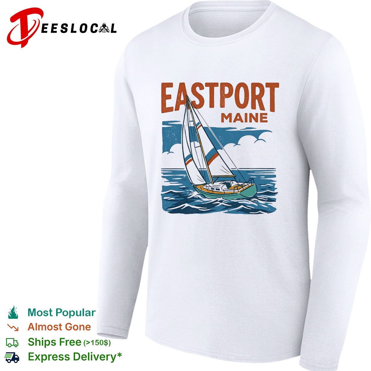 Eastport Maine sailboat sailing across ocean waves with clouds overhead shirt