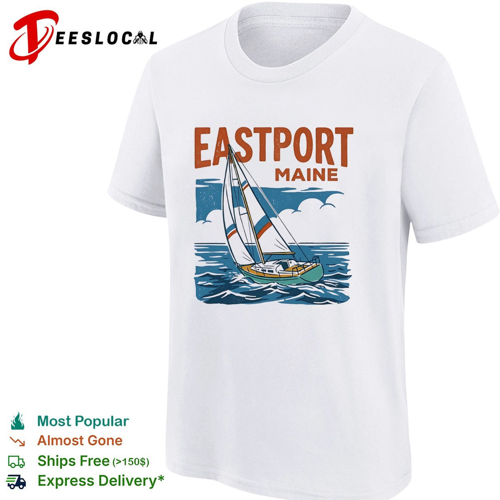 Eastport Maine sailboat sailing across ocean waves with clouds overhead shirt
