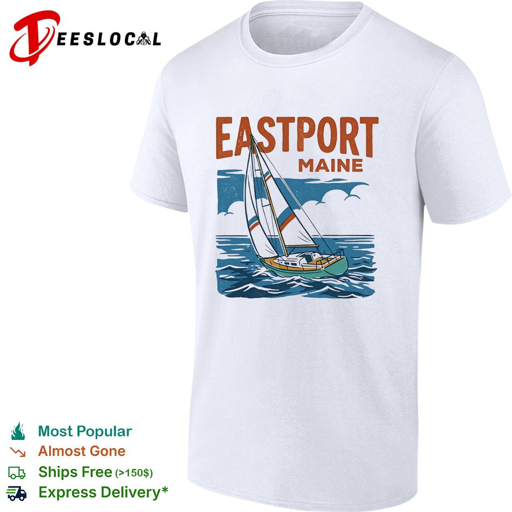 Eastport Maine sailboat sailing across ocean waves with clouds overhead shirt