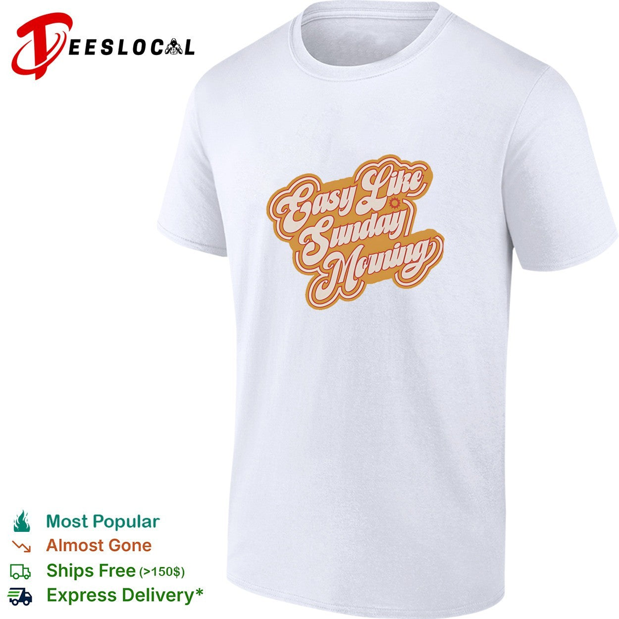 Easy like Sunday morning retro cursive lettering with small sun icon badge shirt
