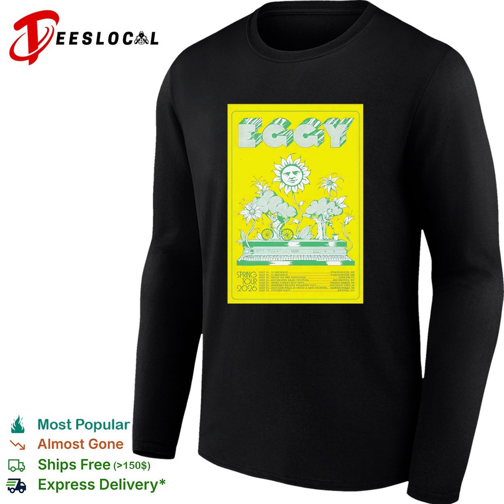 Eggy spring tour 2026 poster with smiling sun face growing from piano trees shirt