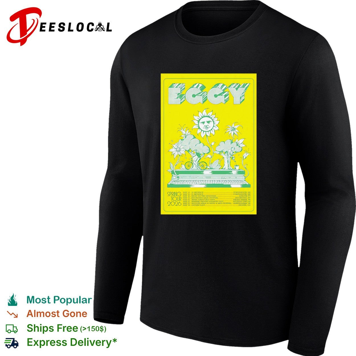 Eggy spring tour 2026 poster with smiling sun face growing from piano trees shirt