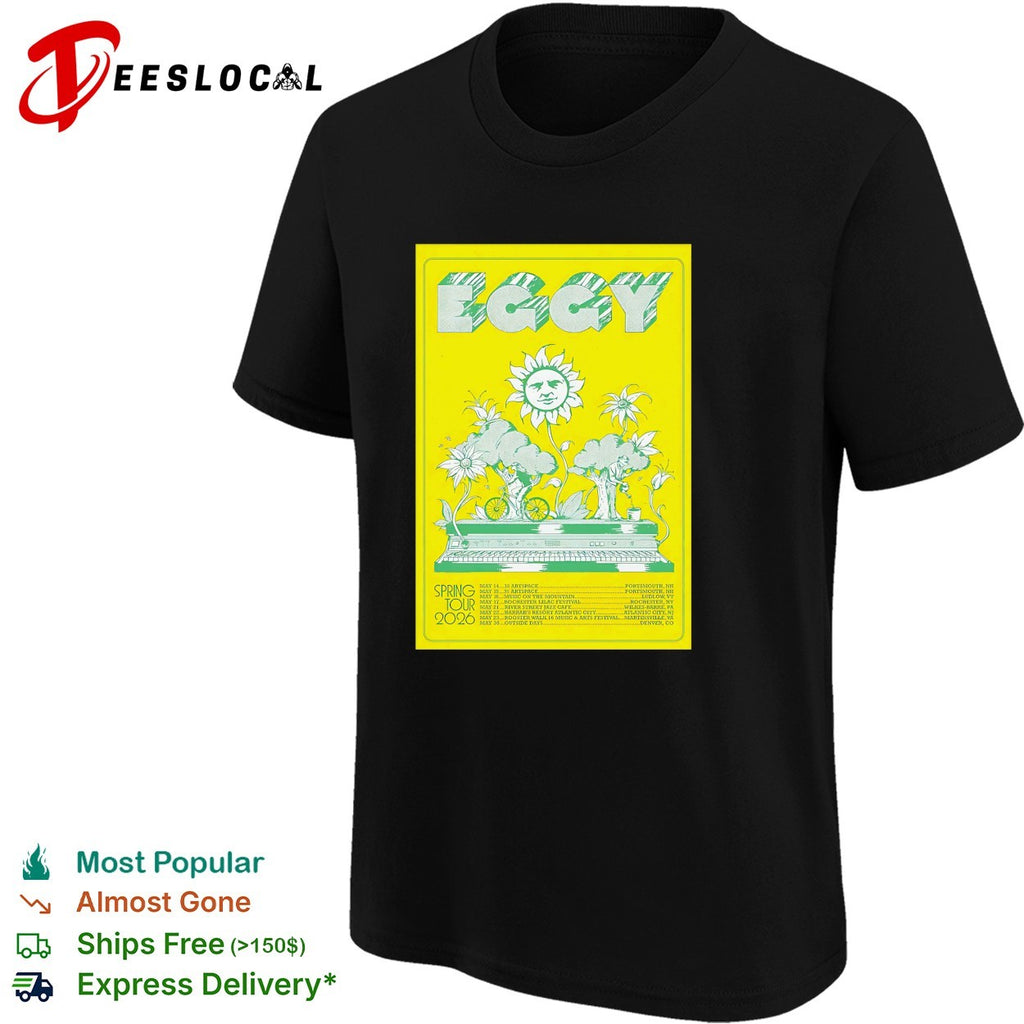 Eggy spring tour 2026 poster with smiling sun face growing from piano trees shirt