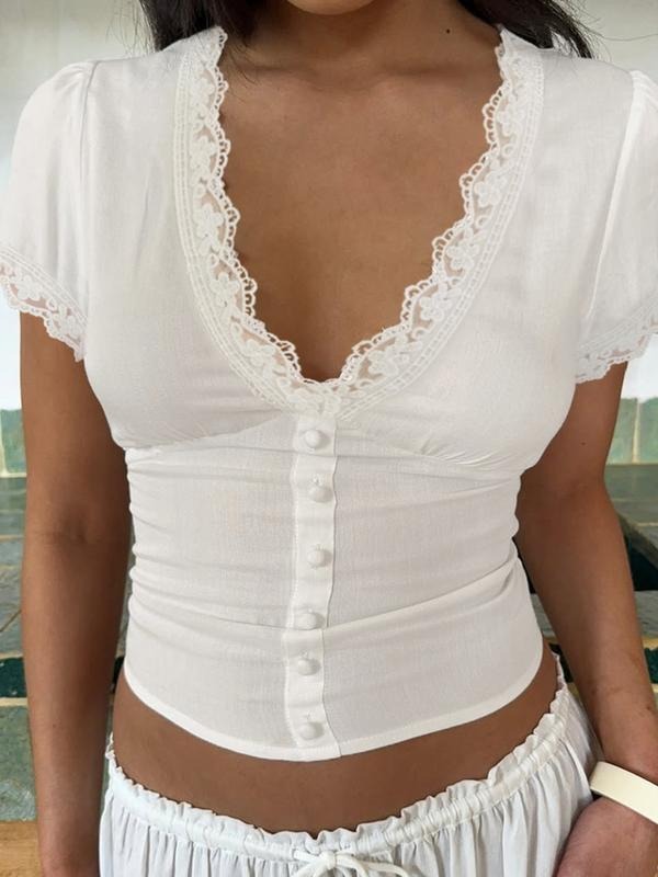 Elegant Lace Patchwork V-Neck Button-Up Shirt Short Sleeve Vintage Y2K Style, Casual Chic Lightweight Spring Summer Blouse for Women