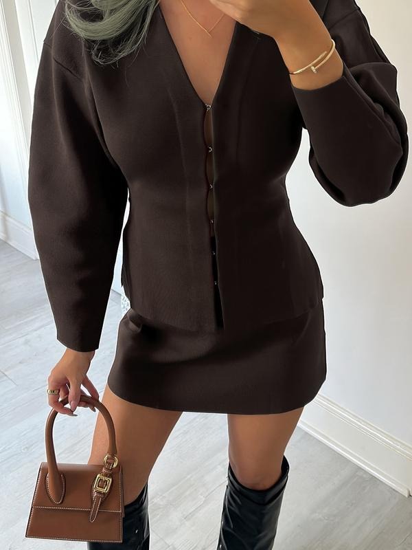 Elegant V-Neck Long Sleeve Shirt and Bodycon Skirt Set Fall Winter Commuter Two-Piece Casual Suit Set for Women