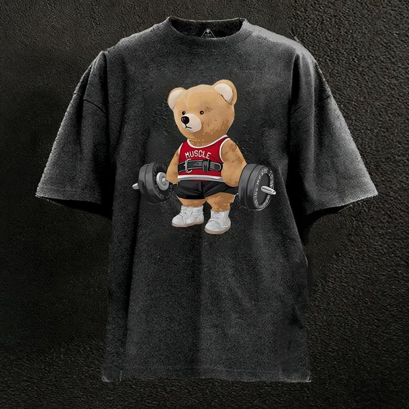 Exercise Bear Washed Graphic Tees Funny Japanese Cartoon Distressed Shirt 90s Vintage Streetwear Unisex Summer Gift