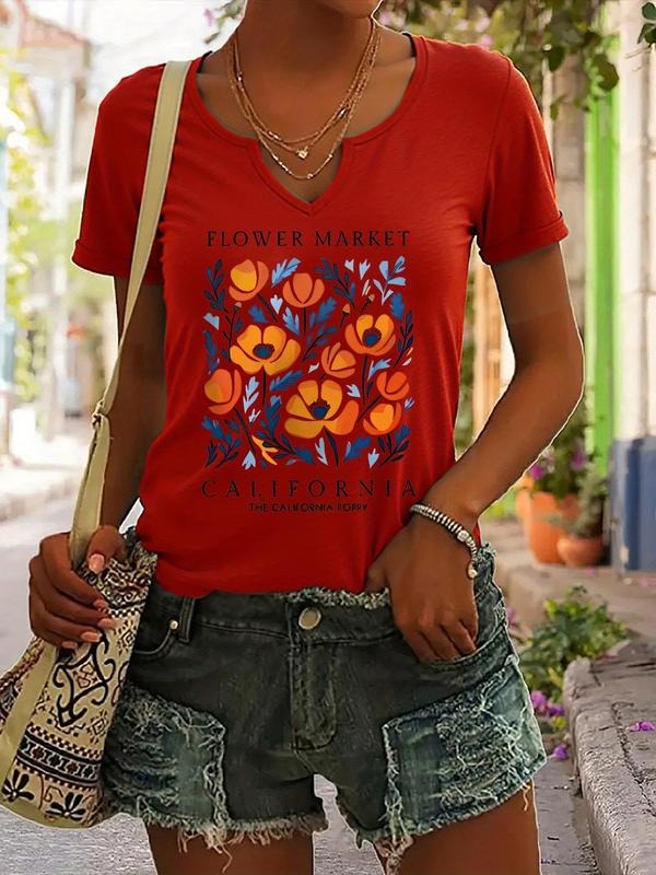 FLOWER MARKET CALIFORNIA THE CALIFORNIA POPPY letter Print T-Shirt for Women, Casual Summer V-Neck Short Sleeve Top, Trendy Fashionable Ladies Wear