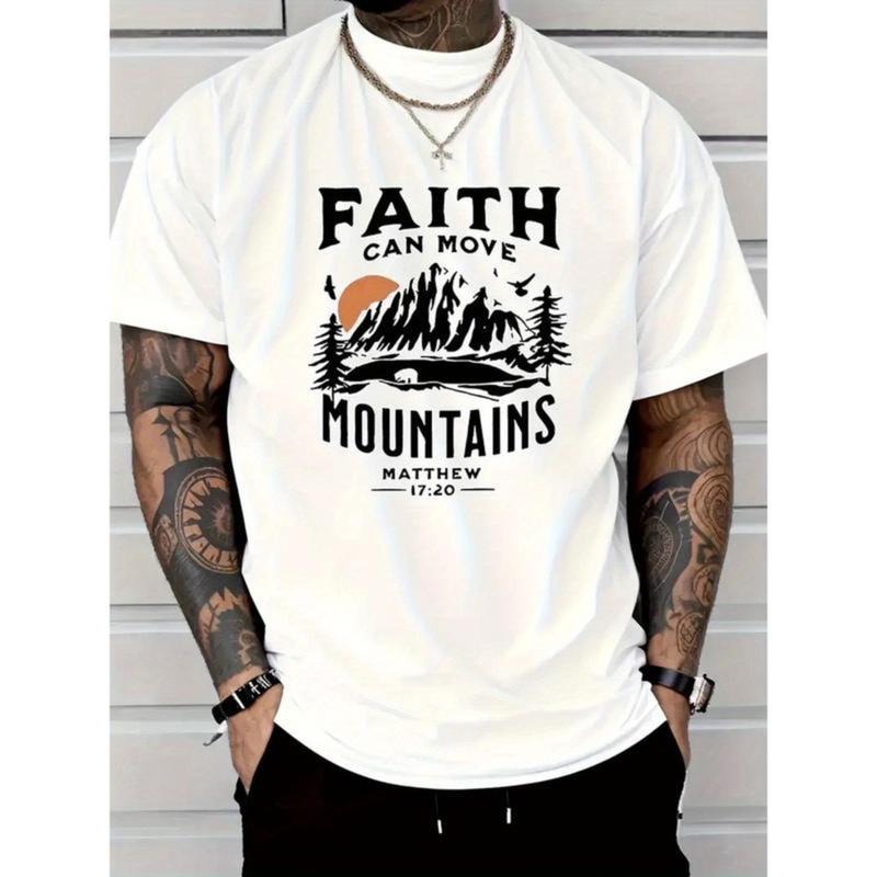 Faith Can Move Mountains Men'S 100% Cotton T-Shirt - Inspirational Biblical Print, Round Neck Short Sleeve Casual Tee, Black With White Lettering, Seasonal Trendy High Street Fashion, Casual Wear| Faith Inspired Design| Comfortable Fit style 02