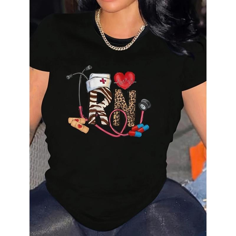 Women's RN Nurse Life Graphic T-Shirt - Black Blend Crew Neck Short Sleeve, Relaxed Fit Casual Knit Top with Medical-Themed Print for Casual Attire - Spring/Summer/Fall Collection, Seasonal Fashion Top | Relaxed Fit Shirt | Comfortable Knit