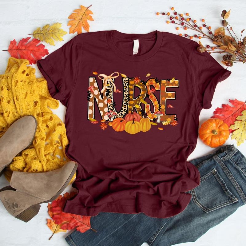 Fall Nurse T-Shirt Cute Autumn Pumpkin Shirt for Nurses Unisex Cotton Tee Seasonal Healthcare Apparel with Leopard Print Design