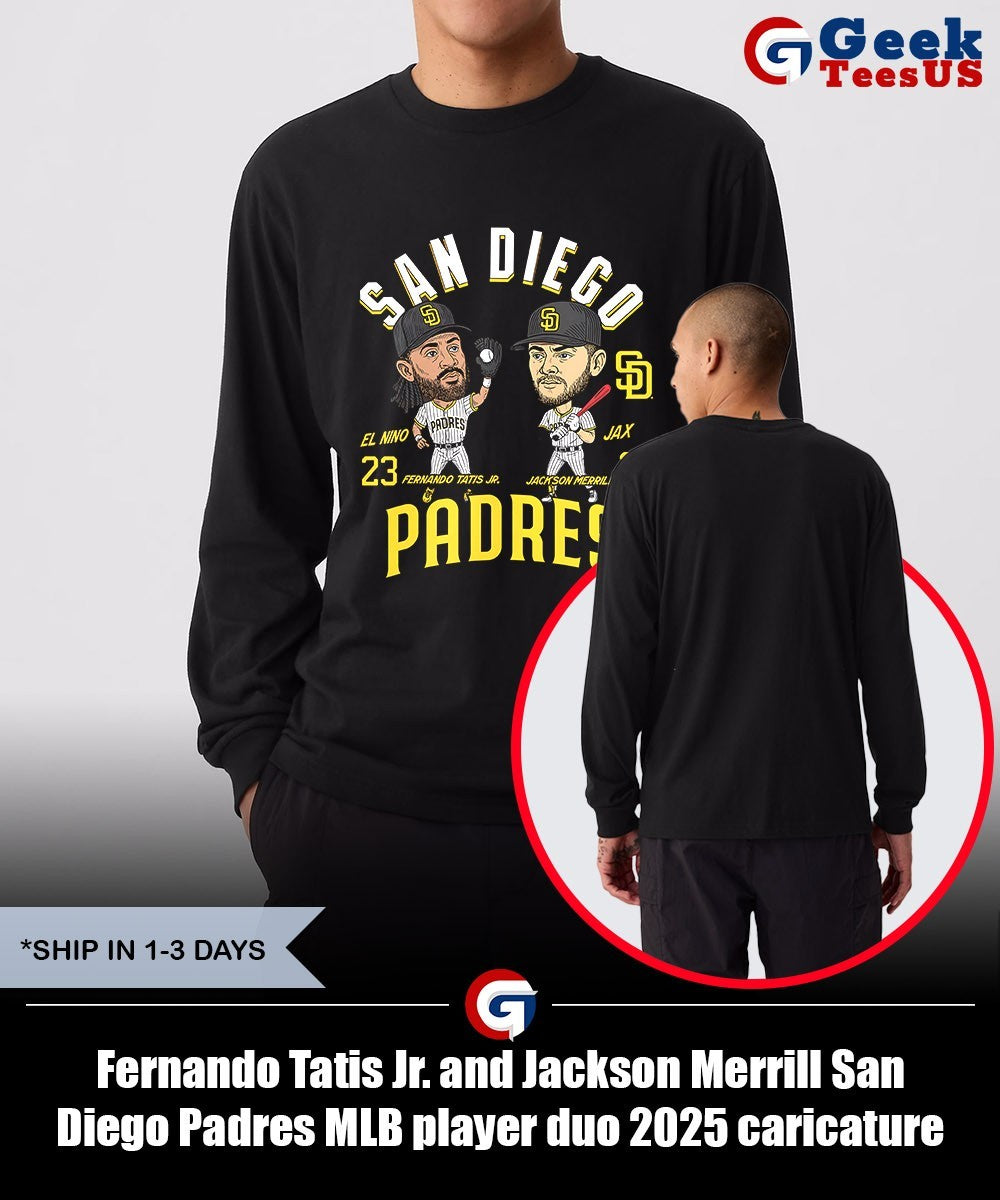 Fernando Tatis Jr. and Jackson Merrill San Diego Padres MLB player duo 2025 caricature shirt