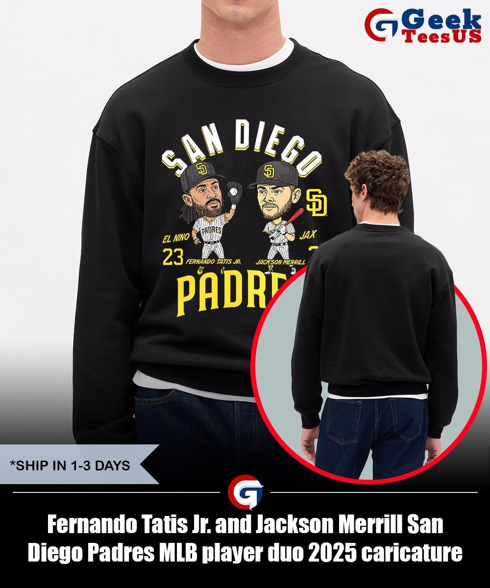 Fernando Tatis Jr. and Jackson Merrill San Diego Padres MLB player duo 2025 caricature shirt