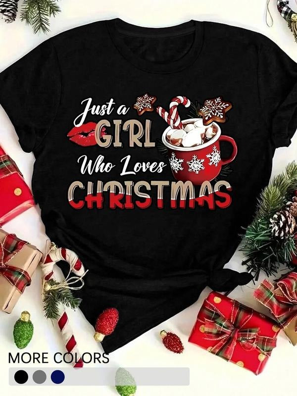 Festive Christmas T-Shirt for Women, Just a Girl Who Loves Christmas Design with Red Lips, Cozy Casual Wear for Xmas Party and Family Gathering