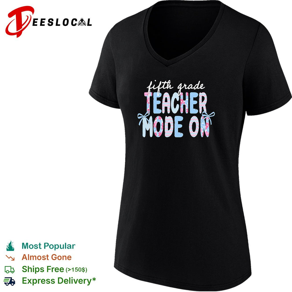 Fifth grade teacher mode on chevron and floral lettering with bows badge shirt
