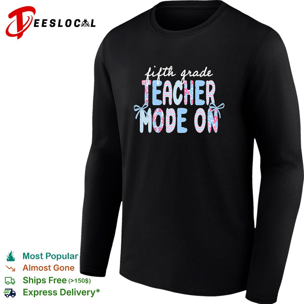 Fifth grade teacher mode on chevron and floral lettering with bows badge shirt